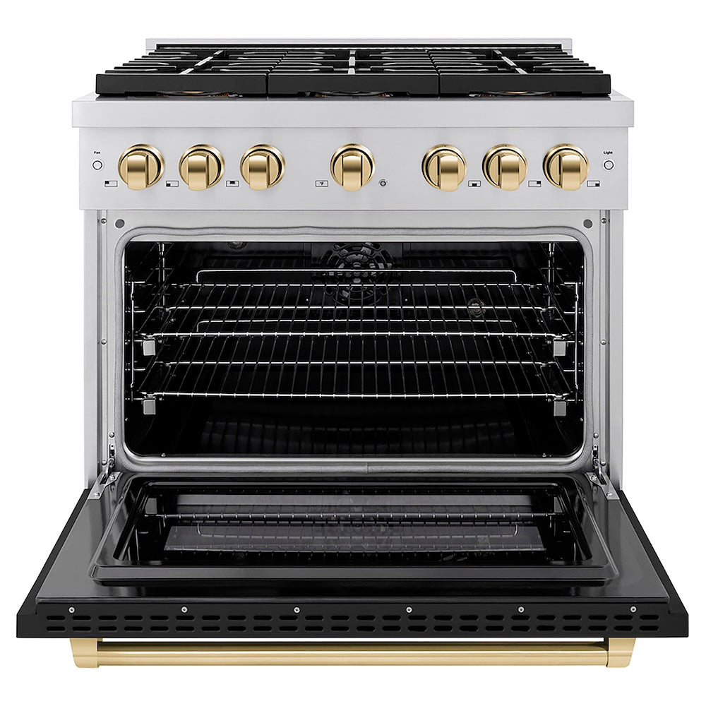 ZLINE Autograph Edition 36 in. 5.2 cu. ft. Paramount Dual Fuel Range with 6 Burner DuoPro™ Cooktop and Electric Convection Oven with Black Matte Door and Polished Gold Accents (PSDRZ-BLM-36-G) front, oven open.
