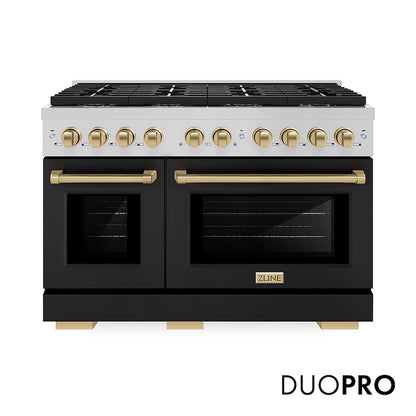 ZLINE Autograph Edition 48 in. 6.7 cu. ft. Paramount Dual Fuel Range with 8 Burner DuoPro™ Cooktop and Dual Ovens with Black Matte Doors and Champagne Bronze Accents (PSDRZ-BLM-48-CB) front, with DuoPro™ logo.