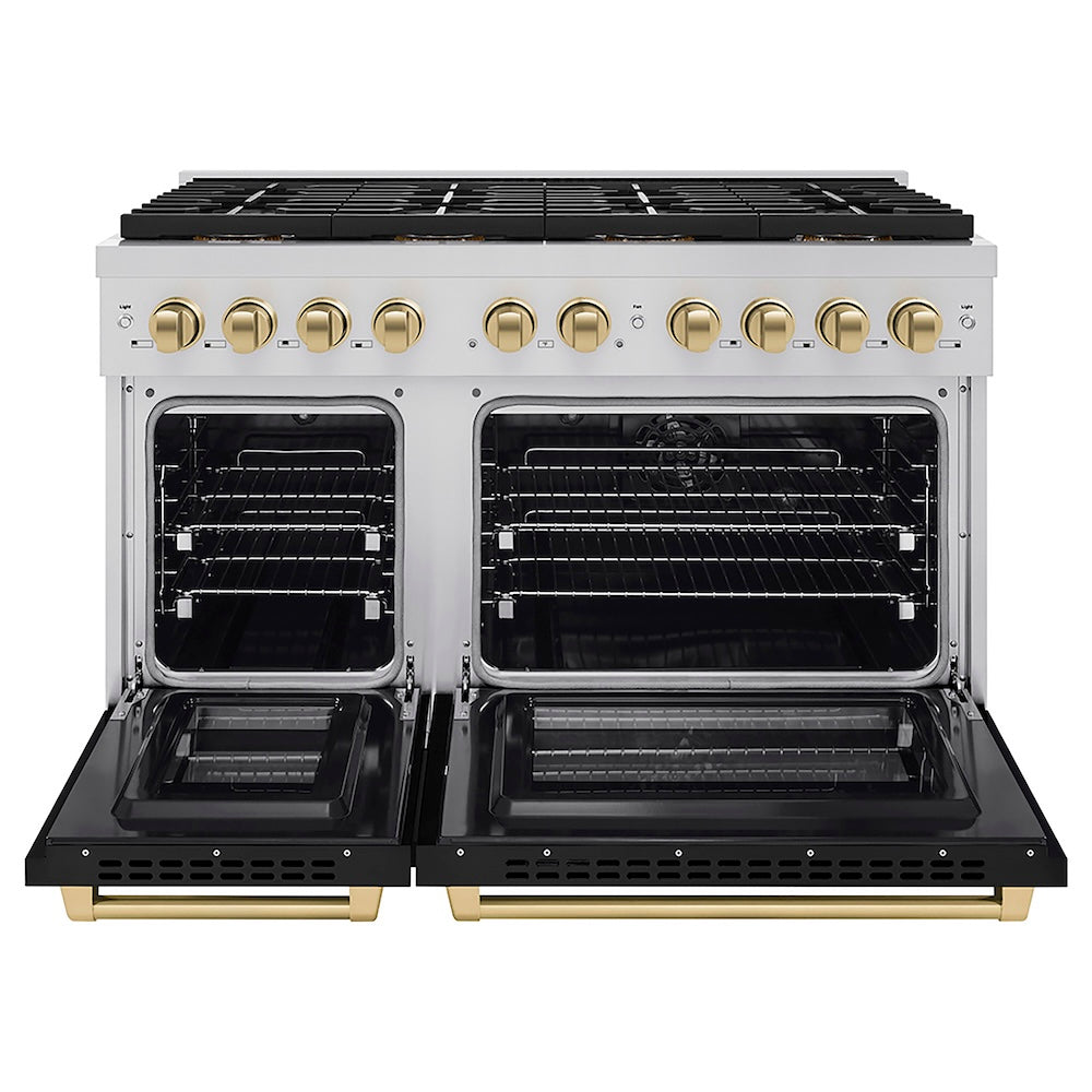 ZLINE Autograph Edition 48 in. 6.7 cu. ft. Paramount Dual Fuel Range with 8 Burner DuoPro™ Cooktop and Dual Ovens with Black Matte Doors and Champagne Bronze Accents (PSDRZ-BLM-48-CB) front, oven open.