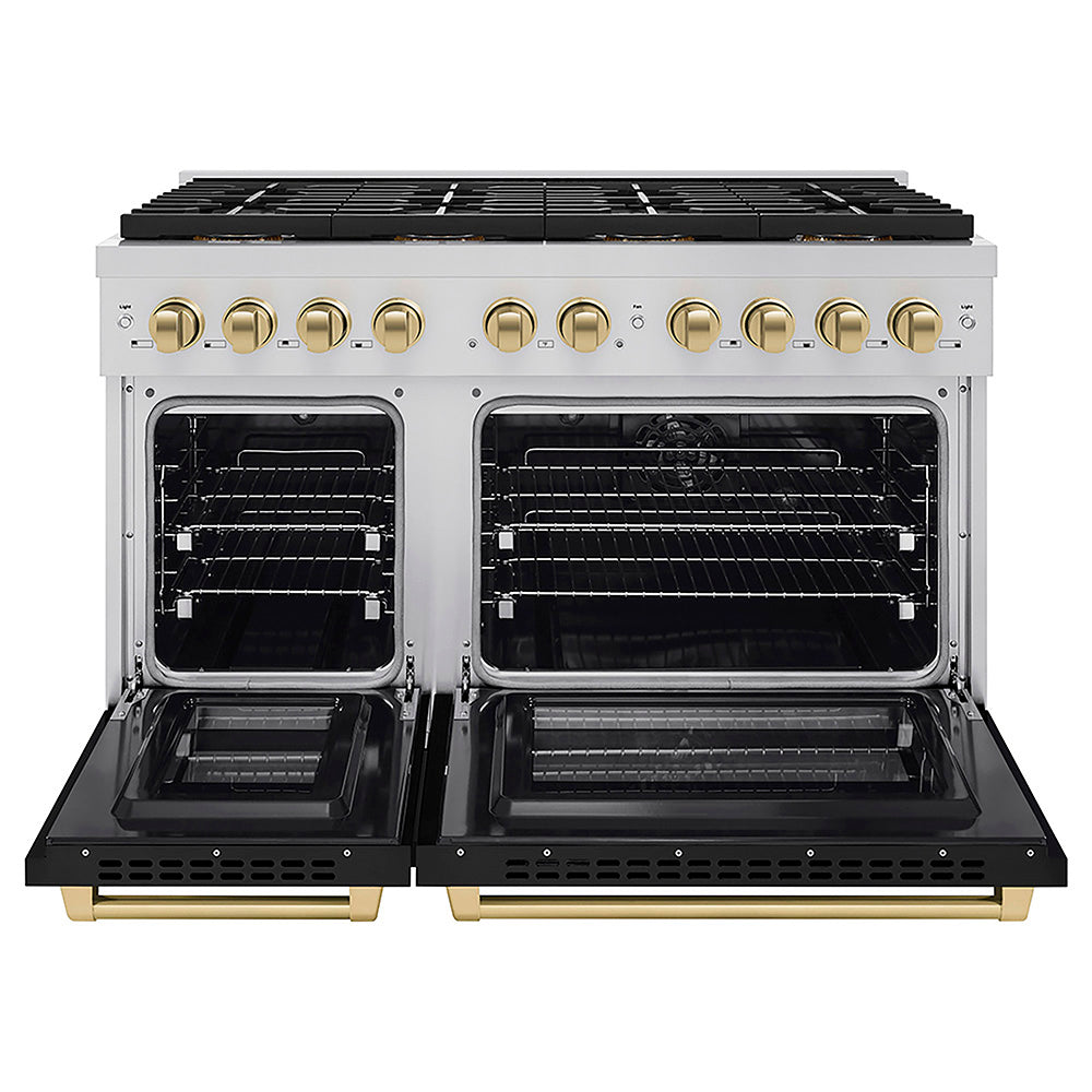 ZLINE Autograph Edition 48 in. 6.7 cu. ft. Paramount Dual Fuel Range with 8 Burner DuoPro™ Cooktop and Dual Ovens with Black Matte Doors and Champagne Bronze Accents, Open Box-Good Condition