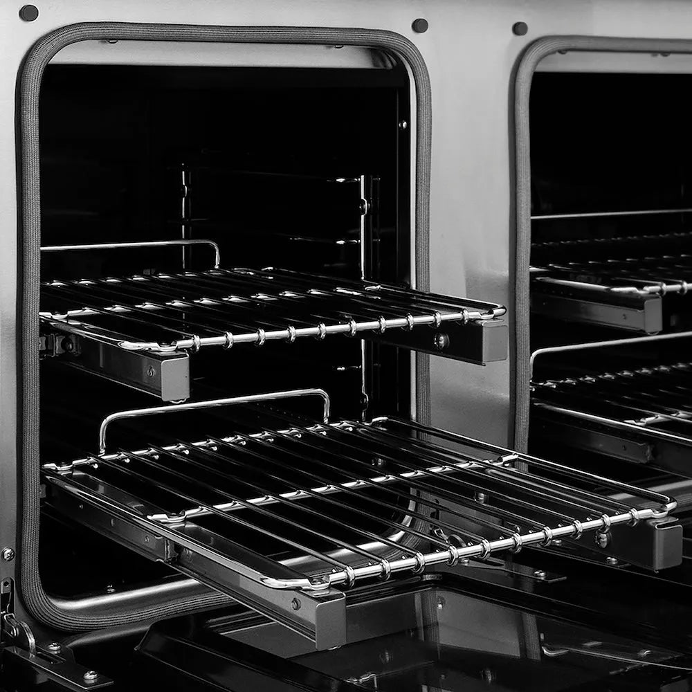 ZLINE Autograph Edition 48 in. 6.7 cu. ft. Paramount Dual Fuel Range with 8 Burner DuoPro™ Cooktop and Dual Ovens with Black Matte Doors and Champagne Bronze Accents (PSDRZ-BLM-48-CB) side, oven open showing racks extended.