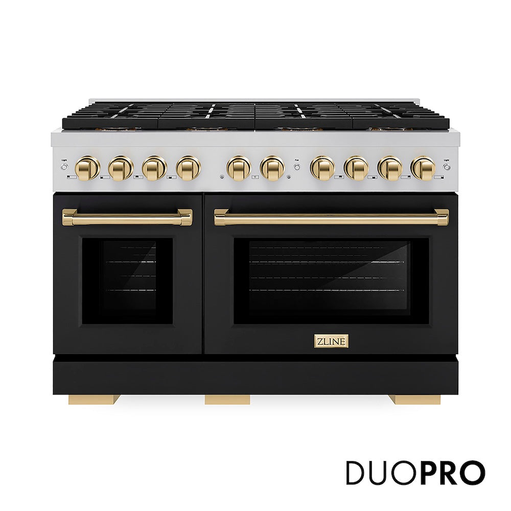 ZLINE Autograph Edition 48 in. 6.7 cu. ft. Paramount Dual Fuel Range with 8 Burner DuoPro™ Cooktop and Dual Ovens with Black Matte Doors and Polished Gold Accents (PSDRZ-BLM-48-G) main image.
