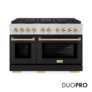 ZLINE Autograph Edition 48 in. 6.7 cu. ft. Paramount Dual Fuel Range with 8 Burner DuoPro™ Cooktop and Dual Ovens with Black Matte Doors and Polished Gold Accents (PSDRZ-BLM-48-G) main image.