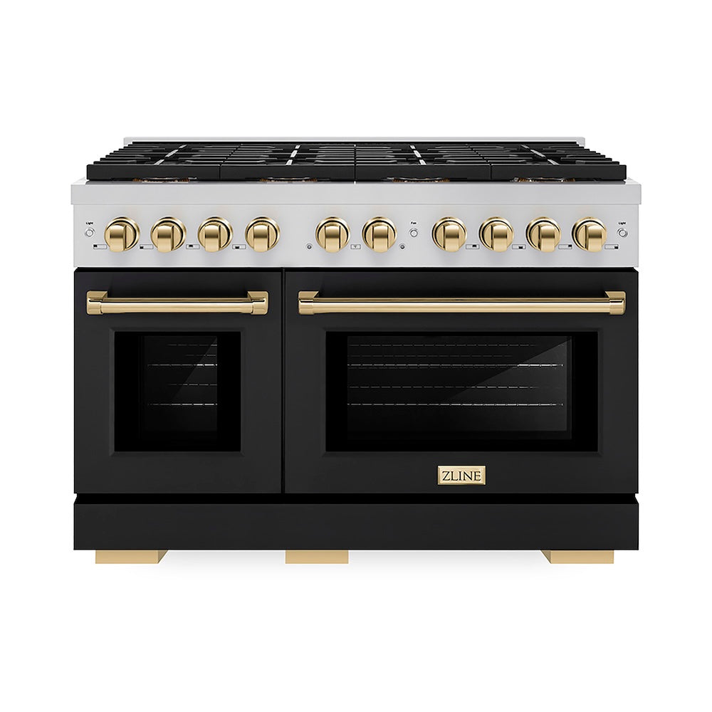 ZLINE Autograph Edition 48 in. 6.7 cu. ft. Paramount Dual Fuel Range with 8 Burner DuoPro™ Cooktop and Dual Ovens with Black Matte Doors and Polished Gold Accents (PSDRZ-BLM-48-G) front.