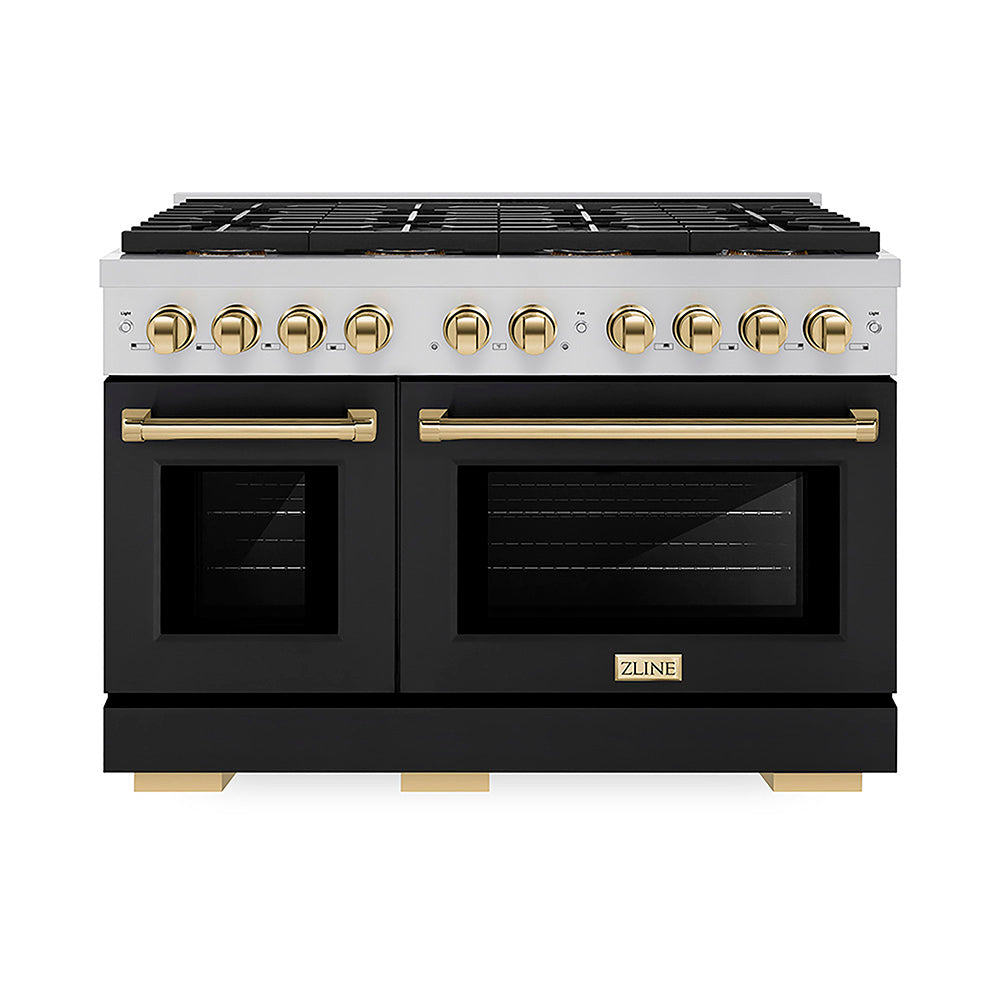 ZLINE Autograph Edition 48 in. 6.7 cu. ft. Paramount Dual Fuel Range with 8 Burner DuoPro™ Cooktop and Dual Ovens with Black Matte Doors and Polished Gold Accents, Open Box-Good Condition