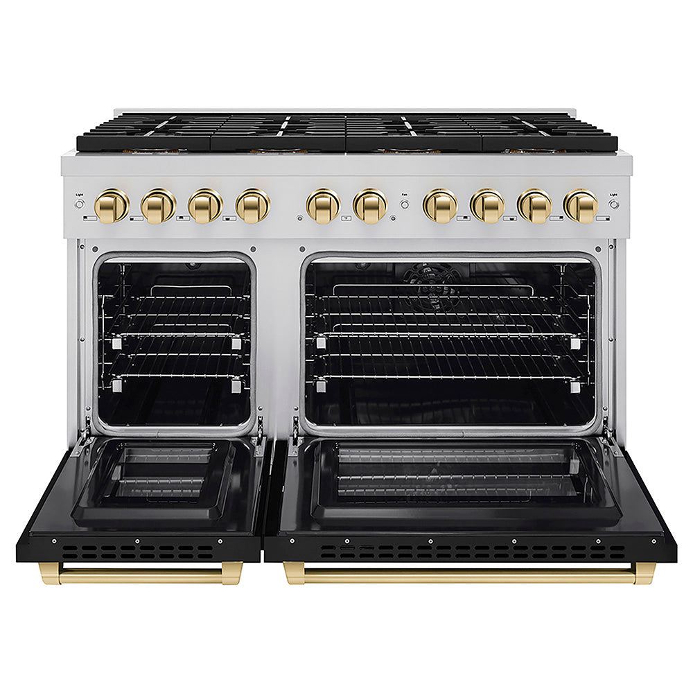 ZLINE Autograph Edition 48 in. 6.7 cu. ft. Paramount Dual Fuel Range with 8 Burner DuoPro™ Cooktop and Dual Ovens with Black Matte Doors and Polished Gold Accents, Open Box-Good Condition
