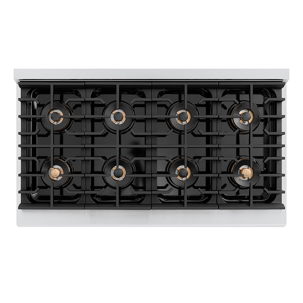 ZLINE Autograph Edition 48 in. 6.7 cu. ft. Paramount Dual Fuel Range with 8 Burner DuoPro™ Cooktop and Dual Ovens with Black Matte Doors and Polished Gold Accents (PSDRZ-BLM-48-G) top-down, above cooktop.