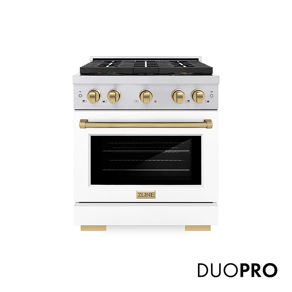 ZLINE Autograph Edition 30 in. 4.2 cu. ft. Paramount Dual Fuel Range with 4 Burner DuoPro™ Cooktop and Electric Convection Oven in Stainless Steel with White Matte Door and Champagne Bronze Accents, Open Box-Good Condition