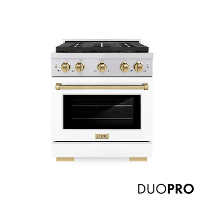 ZLINE Autograph Edition 30 in. 4.2 cu. ft. Paramount Dual Fuel Range with 4 Burner DuoPro™ Cooktop and Electric Convection Oven in Stainless Steel with White Matte Door and Champagne Bronze Accents, Open Box-Good Condition