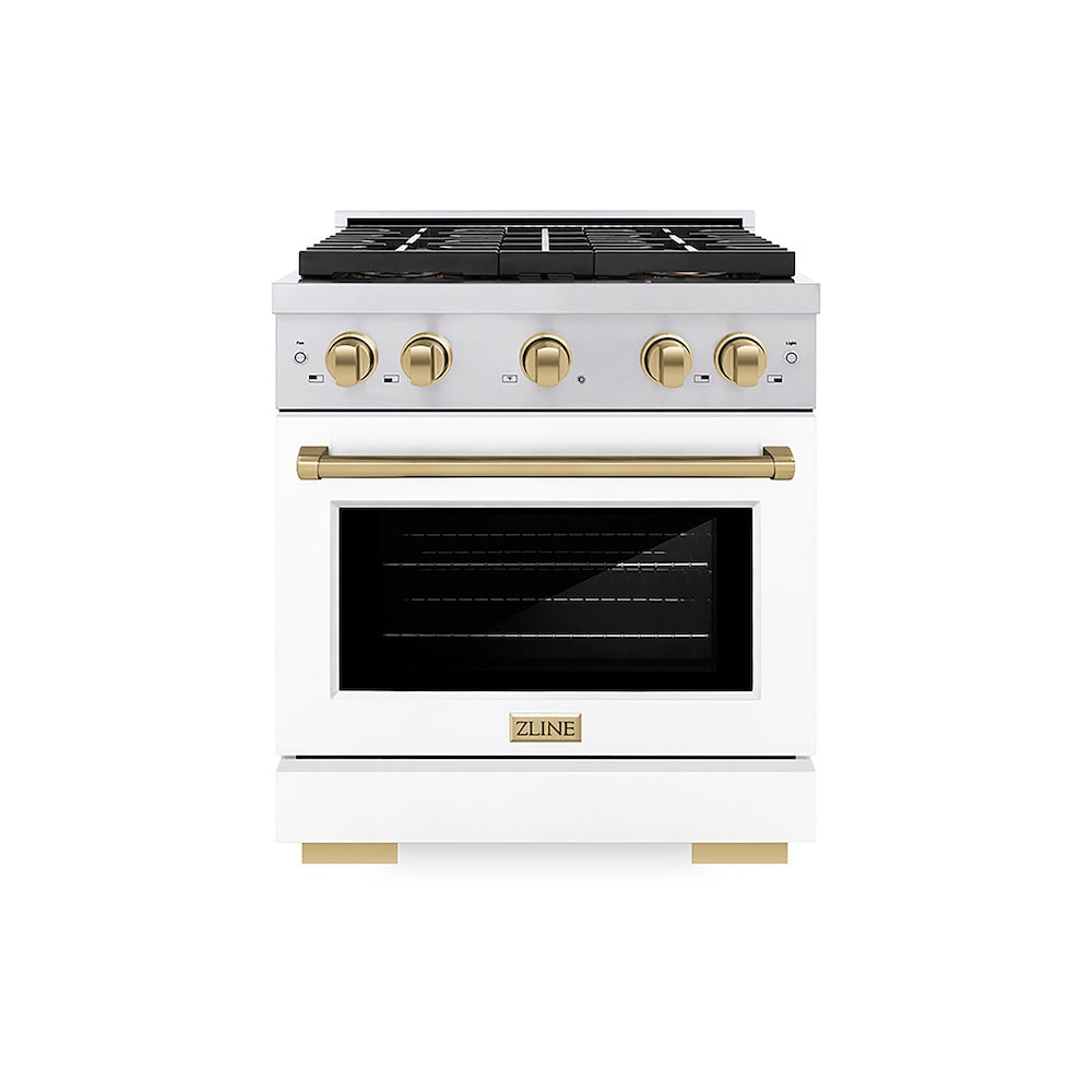 ZLINE Autograph Edition 30 in. 4.2 cu. ft. Paramount Dual Fuel Range with 4 Burner DuoPro™ Cooktop and Electric Convection Oven in Stainless Steel with White Matte Door and Champagne Bronze Accents (PSDRZ-WM-30-CB) front.