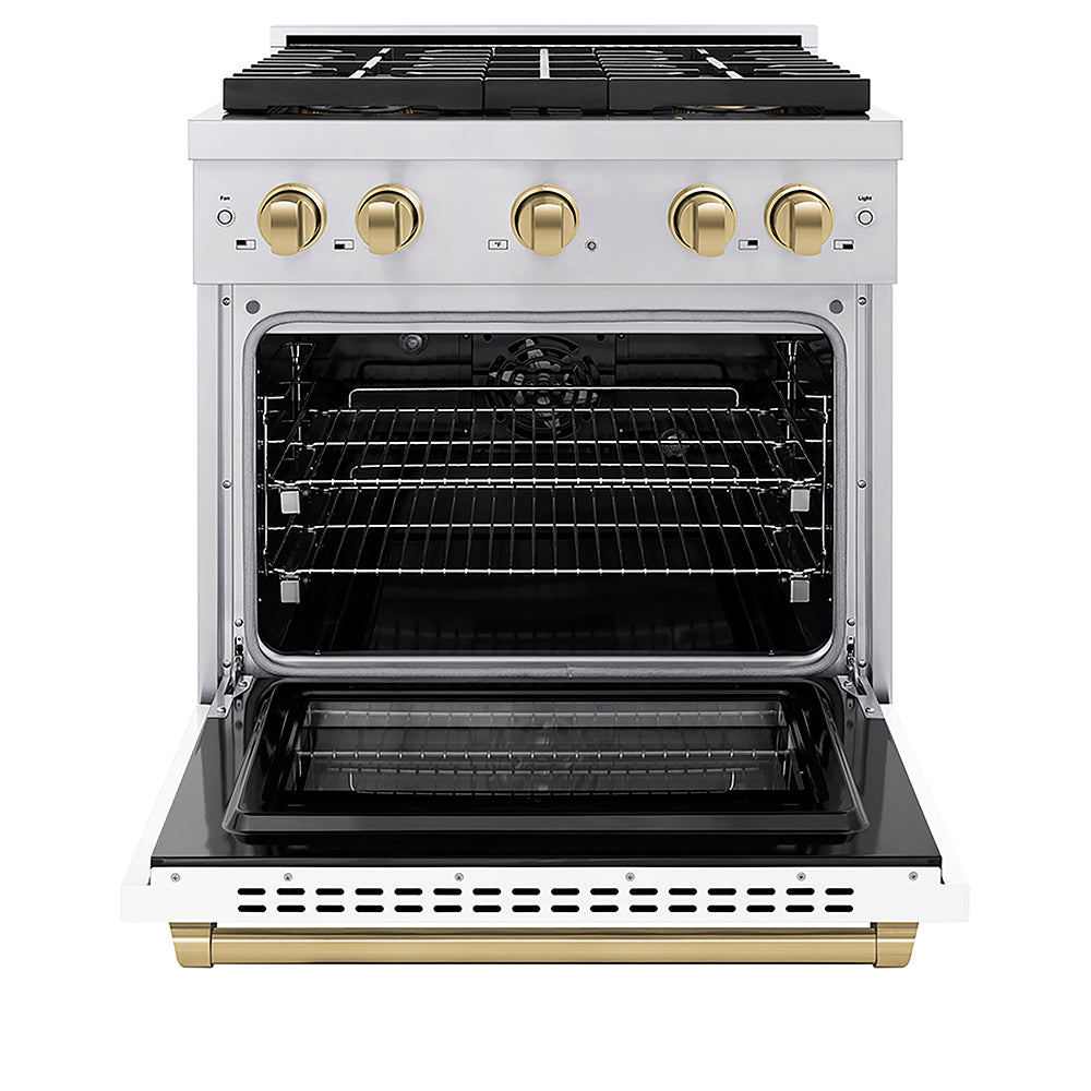 ZLINE Autograph Edition 30 in. 4.2 cu. ft. Paramount Dual Fuel Range with 4 Burner DuoPro™ Cooktop and Electric Convection Oven in Stainless Steel with White Matte Door and Champagne Bronze Accents, Open Box-Good Condition