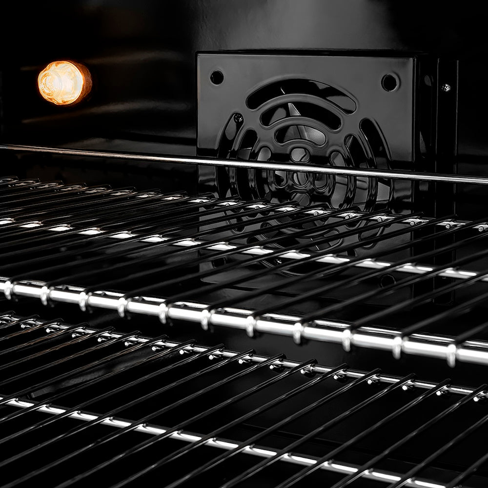 ZLINE Autograph Edition 30 in. 4.2 cu. ft. Paramount Dual Fuel Range with 4 Burner DuoPro™ Cooktop and Electric Convection Oven in Stainless Steel with White Matte Door and Polished Gold Accents (PSDRZ-WM-30-G) convection fan and lighting inside oven.