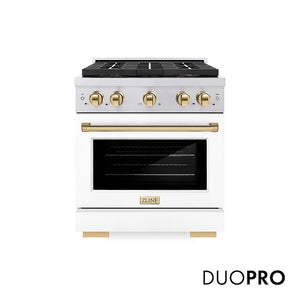 ZLINE Autograph Edition 30 in. 4.2 cu. ft. Paramount Dual Fuel Range with 4 Burner DuoPro™ Cooktop and Electric Convection Oven in Stainless Steel with White Matte Door and Polished Gold Accents (PSDRZ-WM-30-G) main image.