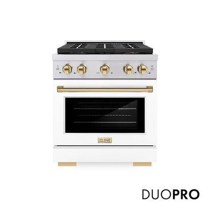 ZLINE Autograph Edition 30 in. 4.2 cu. ft. Paramount Dual Fuel Range with 4 Burner DuoPro™ Cooktop and Electric Convection Oven in Stainless Steel with White Matte Door and Polished Gold Accents (PSDRZ-WM-30-G) front, with DuoPro™ logo.