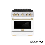 ZLINE Autograph Edition 30 in. 4.2 cu. ft. Paramount Dual Fuel Range with 4 Burner DuoPro™ Cooktop and Electric Convection Oven in Stainless Steel with White Matte Door and Polished Gold Accents, Open Box-Good Condition