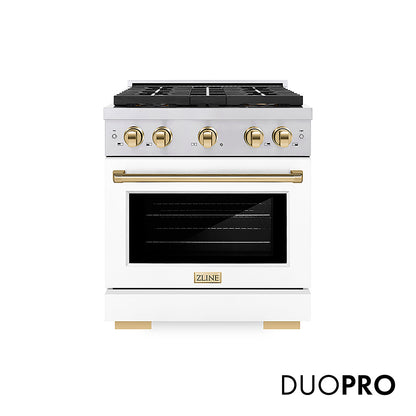 ZLINE Autograph Edition 30 in. 4.2 cu. ft. Paramount Dual Fuel Range with 4 Burner DuoPro™ Cooktop and Electric Convection Oven in Stainless Steel with White Matte Door and Polished Gold Accents, Open Box-Good Condition