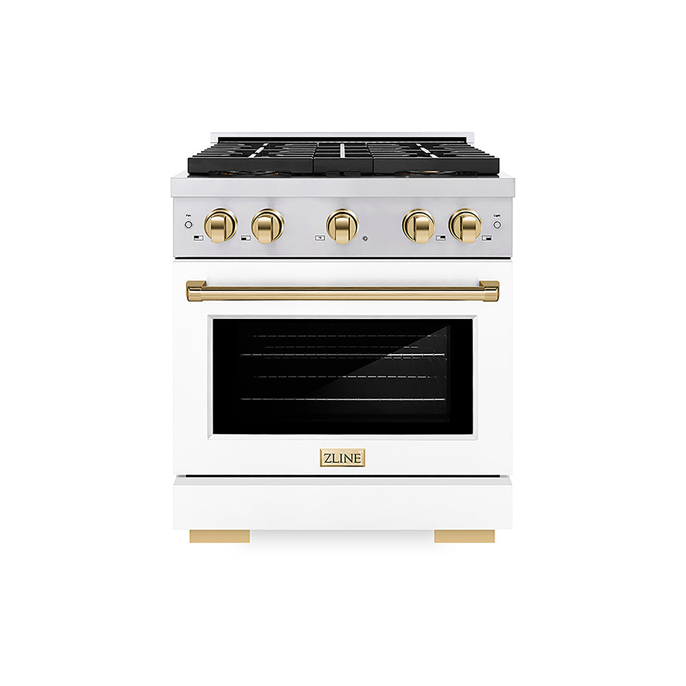 ZLINE Autograph Edition 30 in. 4.2 cu. ft. Paramount Dual Fuel Range with 4 Burner DuoPro™ Cooktop and Electric Convection Oven in Stainless Steel with White Matte Door and Polished Gold Accents, Open Box-Good Condition