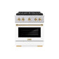 ZLINE Autograph Edition 30 in. 4.2 cu. ft. Paramount Dual Fuel Range with 4 Burner DuoPro™ Cooktop and Electric Convection Oven in Stainless Steel with White Matte Door and Polished Gold Accents (PSDRZ-WM-30-G) front.