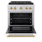ZLINE Autograph Edition 30 in. 4.2 cu. ft. Paramount Dual Fuel Range with 4 Burner DuoPro™ Cooktop and Electric Convection Oven in Stainless Steel with White Matte Door and Polished Gold Accents (PSDRZ-WM-30-G) front, oven open.