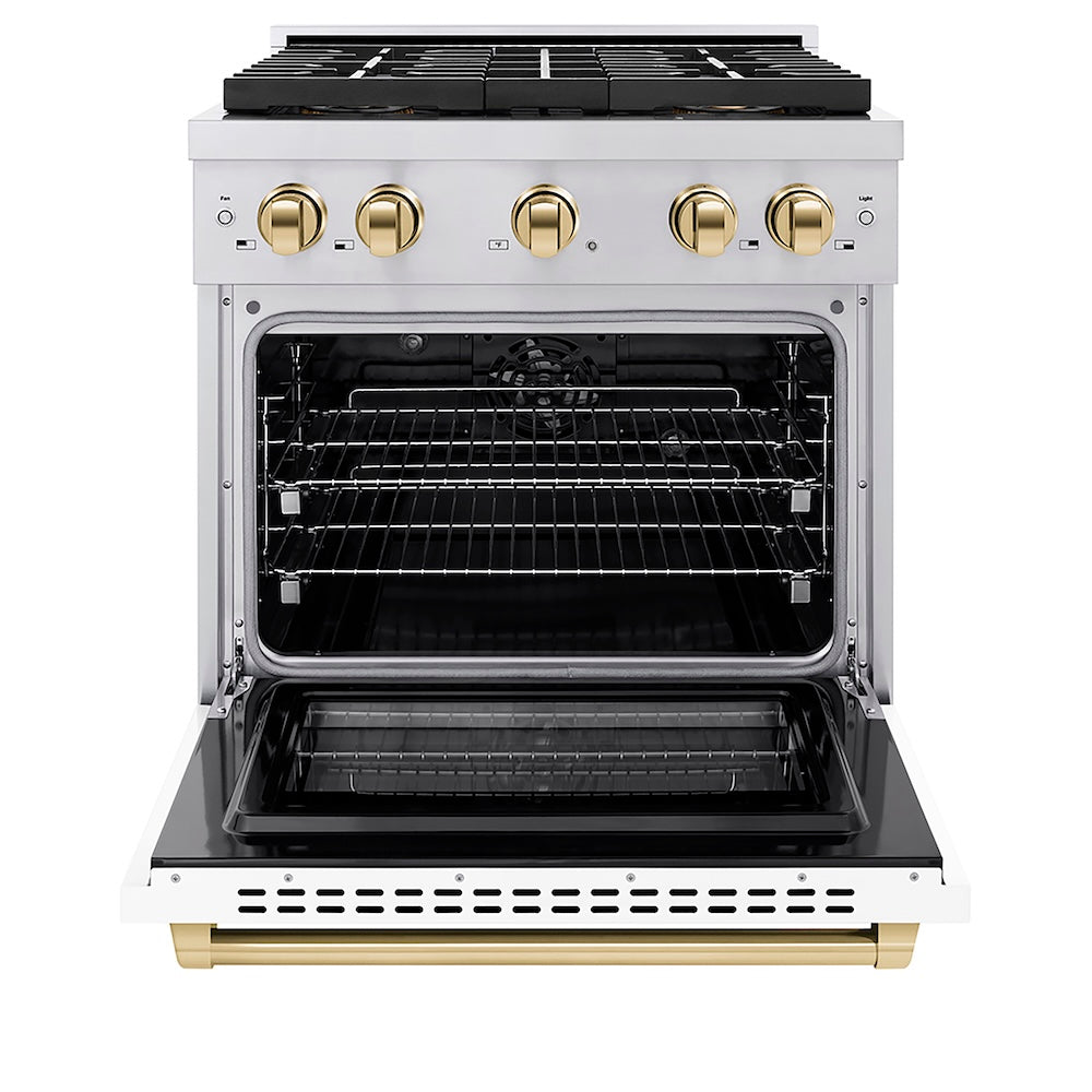 ZLINE Autograph Edition 30 in. 4.2 cu. ft. Paramount Dual Fuel Range with 4 Burner DuoPro™ Cooktop and Electric Convection Oven in Stainless Steel with White Matte Door and Polished Gold Accents (PSDRZ-WM-30-G) front, oven open.
