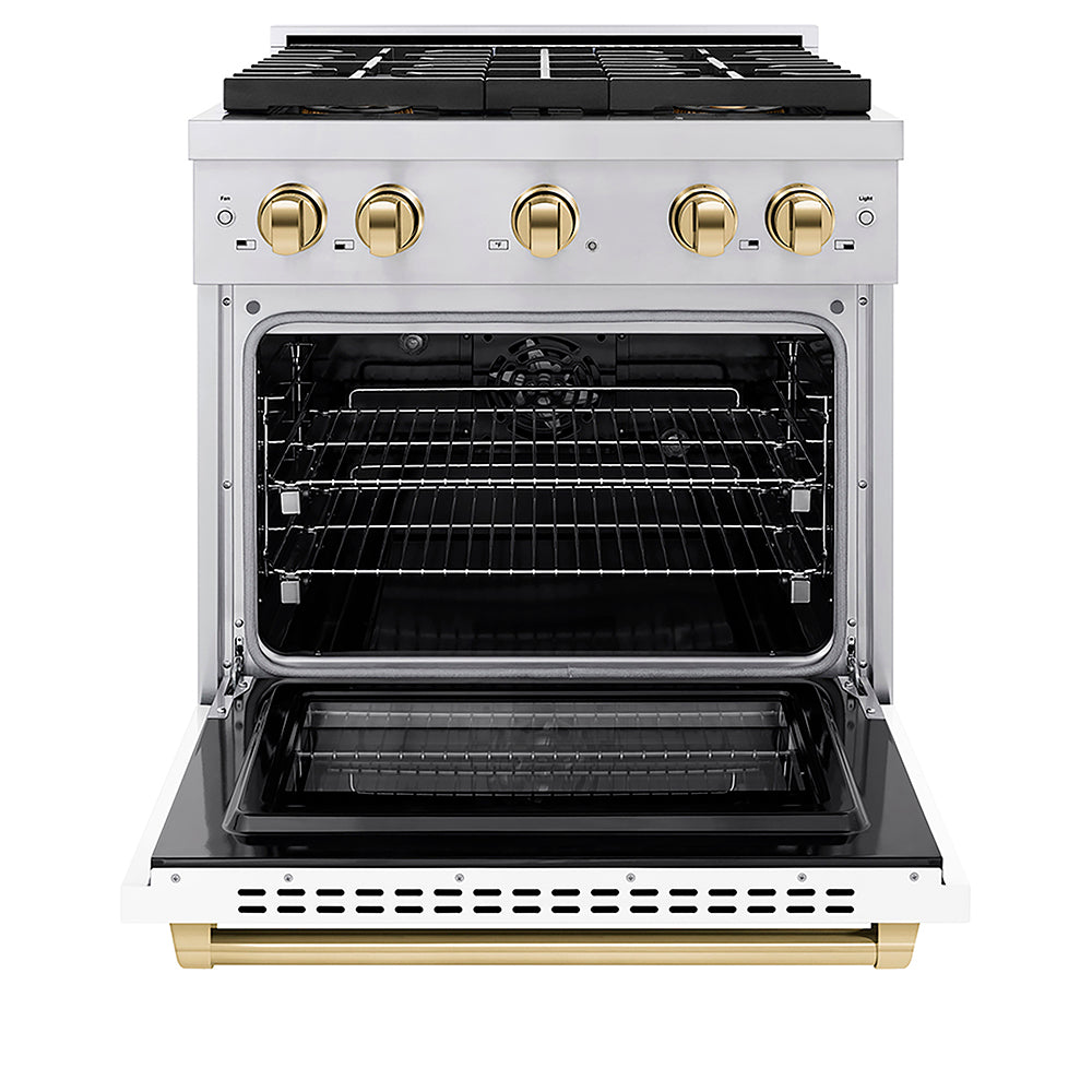 ZLINE Autograph Edition 30 in. 4.2 cu. ft. Paramount Dual Fuel Range with 4 Burner DuoPro™ Cooktop and Electric Convection Oven in Stainless Steel with White Matte Door and Polished Gold Accents, Open Box-Good Condition