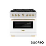 ZLINE Autograph Edition 36 in. 5.2 cu. ft. Paramount Dual Fuel Range with 6 Burner DuoPro™ Cooktop and Electric Convection Oven with White Matte Door and Champagne Bronze Accents (PSDRZ-WM-36-CB) front, with DuoPro™ logo.