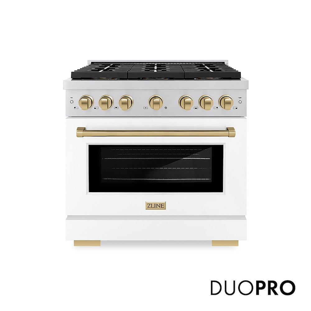 ZLINE Autograph Edition 36 in. 5.2 cu. ft. Paramount Dual Fuel Range with 6 Burner DuoPro™ Cooktop and Electric Convection Oven with White Matte Door and Champagne Bronze Accents (PSDRZ-WM-36-CB) front, with DuoPro™ logo.
