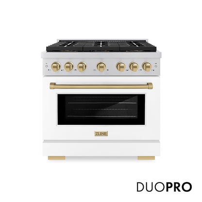 ZLINE Autograph Edition 36 in. 5.2 cu. ft. Paramount Dual Fuel Range with 6 Burner DuoPro™ Cooktop and Electric Convection Oven with White Matte Door and Champagne Bronze Accents (PSDRZ-WM-36-CB) front, with DuoPro™ logo.