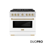 ZLINE Autograph Edition 36 in. 5.2 cu. ft. Paramount Dual Fuel Range with 6 Burner DuoPro™ Cooktop and Electric Convection Oven with White Matte Door and Champagne Bronze Accents, Open Box-Good Condition