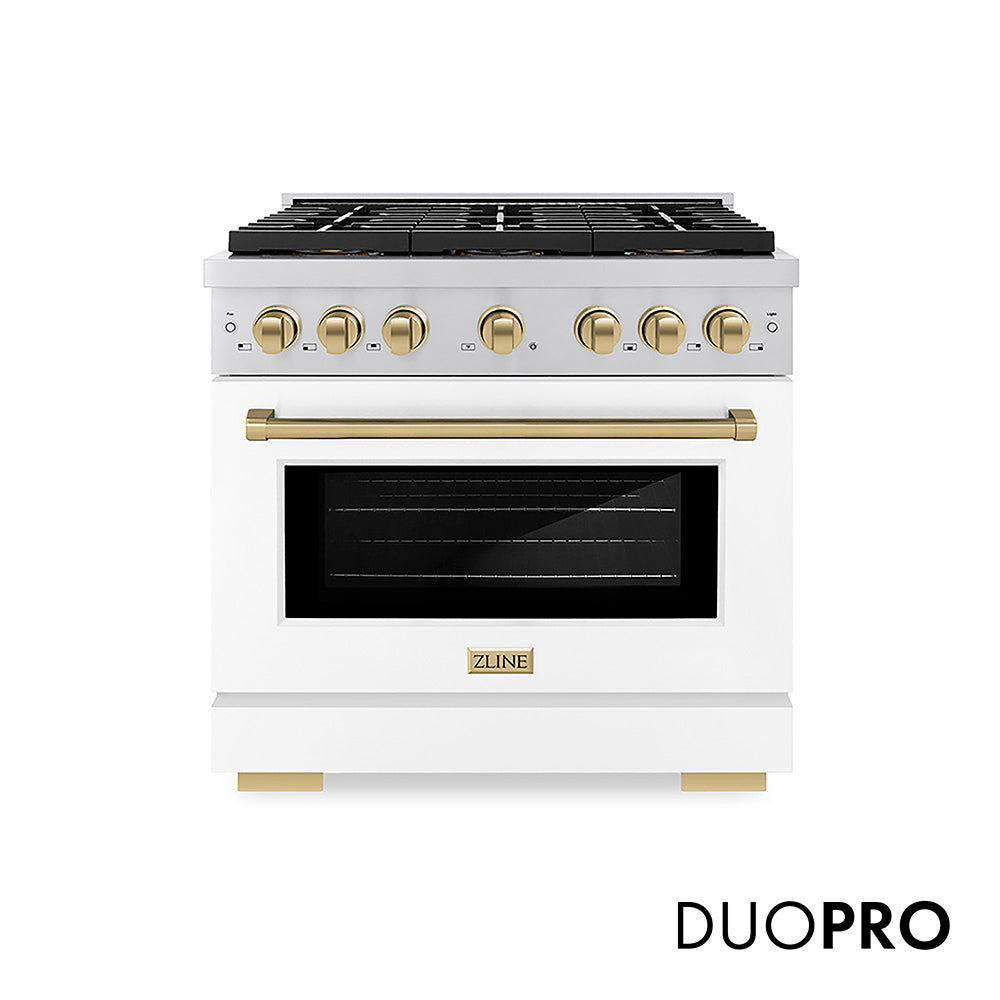 ZLINE Autograph Edition 36 in. 5.2 cu. ft. Paramount Dual Fuel Range with 6 Burner DuoPro™ Cooktop and Electric Convection Oven with White Matte Door and Champagne Bronze Accents, Open Box-Good Condition