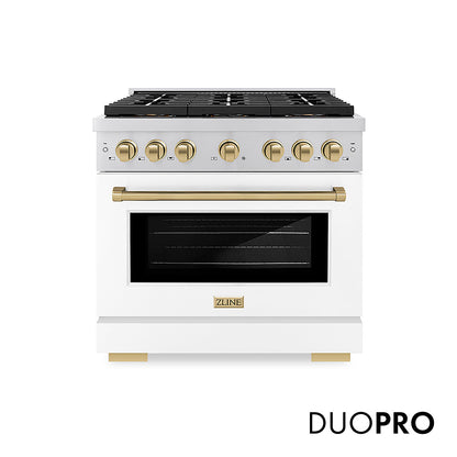 ZLINE Autograph Edition 36 in. 5.2 cu. ft. Paramount Dual Fuel Range with 6 Burner DuoPro™ Cooktop and Electric Convection Oven with White Matte Door and Champagne Bronze Accents, Open Box-Good Condition