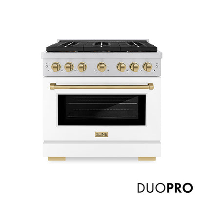 ZLINE Autograph Edition 36 in. 5.2 cu. ft. Paramount Dual Fuel Range with 6 Burner DuoPro™ Cooktop and Electric Convection Oven with White Matte Door and Champagne Bronze Accents, Open Box-Great Condition