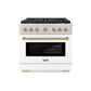 ZLINE Autograph Edition 36 in. 5.2 cu. ft. Paramount Dual Fuel Range with 6 Burner DuoPro™ Cooktop and Electric Convection Oven with White Matte Door and Champagne Bronze Accents, Open Box-Good Condition