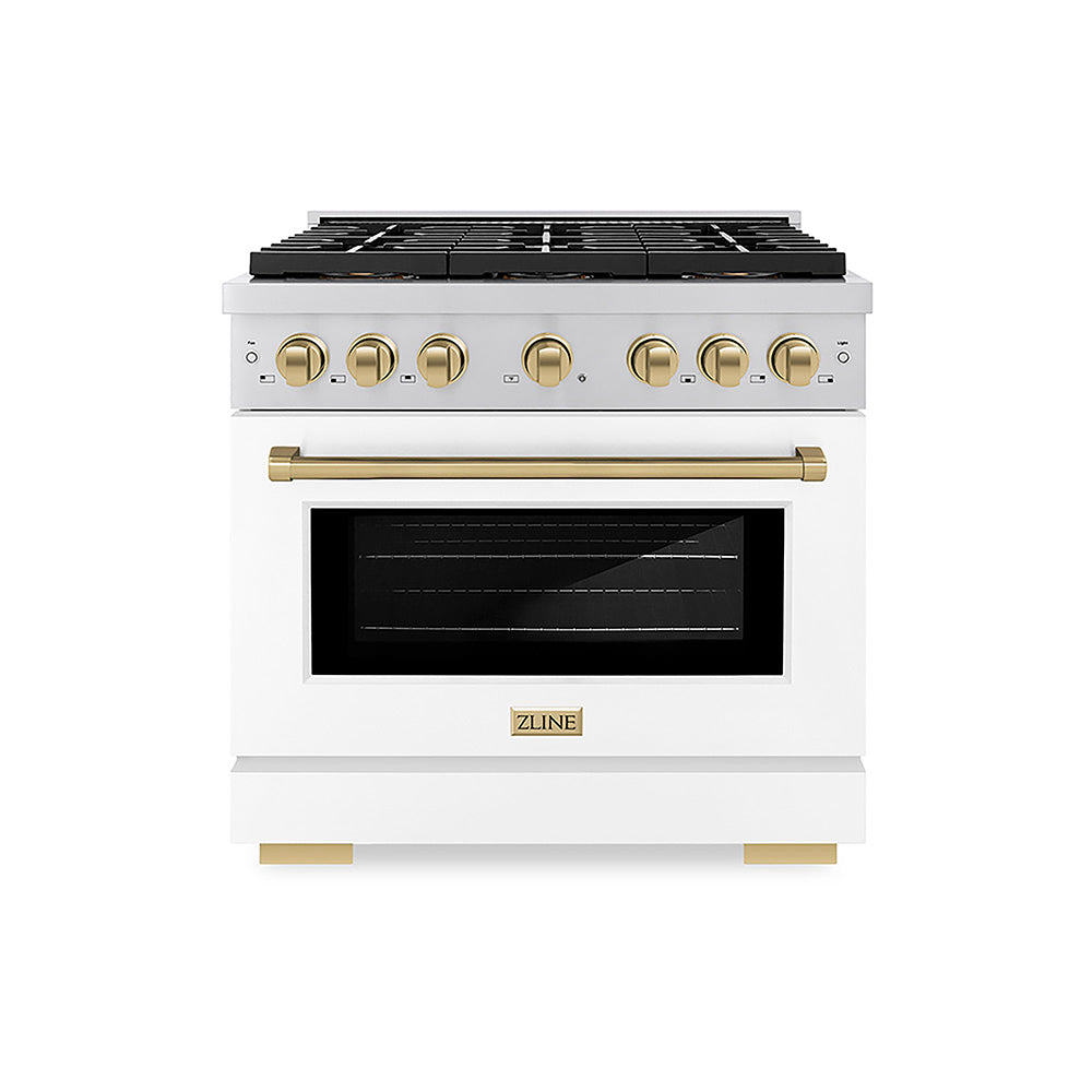 ZLINE Autograph Edition 36 in. 5.2 cu. ft. Paramount Dual Fuel Range with 6 Burner DuoPro™ Cooktop and Electric Convection Oven with White Matte Door and Champagne Bronze Accents, Open Box-Good Condition