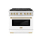 ZLINE Autograph Edition 36 in. 5.2 cu. ft. Paramount Dual Fuel Range with 6 Burner DuoPro™ Cooktop and Electric Convection Oven with White Matte Door and Champagne Bronze Accents, Open Box-Great Condition