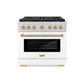 ZLINE Autograph Edition 36 in. 5.2 cu. ft. Paramount Dual Fuel Range with 6 Burner DuoPro™ Cooktop and Electric Convection Oven with White Matte Door and Champagne Bronze Accents (PSDRZ-WM-36-CB) front.