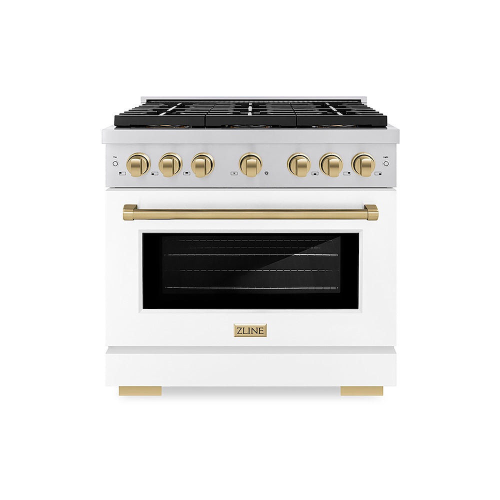 ZLINE Autograph Edition 36 in. 5.2 cu. ft. Paramount Dual Fuel Range with 6 Burner DuoPro™ Cooktop and Electric Convection Oven with White Matte Door and Champagne Bronze Accents (PSDRZ-WM-36-CB) front.