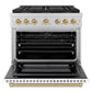 ZLINE Autograph Edition 36 in. 5.2 cu. ft. Paramount Dual Fuel Range with 6 Burner DuoPro™ Cooktop and Electric Convection Oven with White Matte Door and Champagne Bronze Accents (PSDRZ-WM-36-CB) front, oven open.