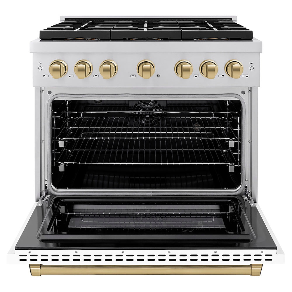 ZLINE Autograph Edition 36 in. 5.2 cu. ft. Paramount Dual Fuel Range with 6 Burner DuoPro™ Cooktop and Electric Convection Oven with White Matte Door and Champagne Bronze Accents (PSDRZ-WM-36-CB) front, oven open.