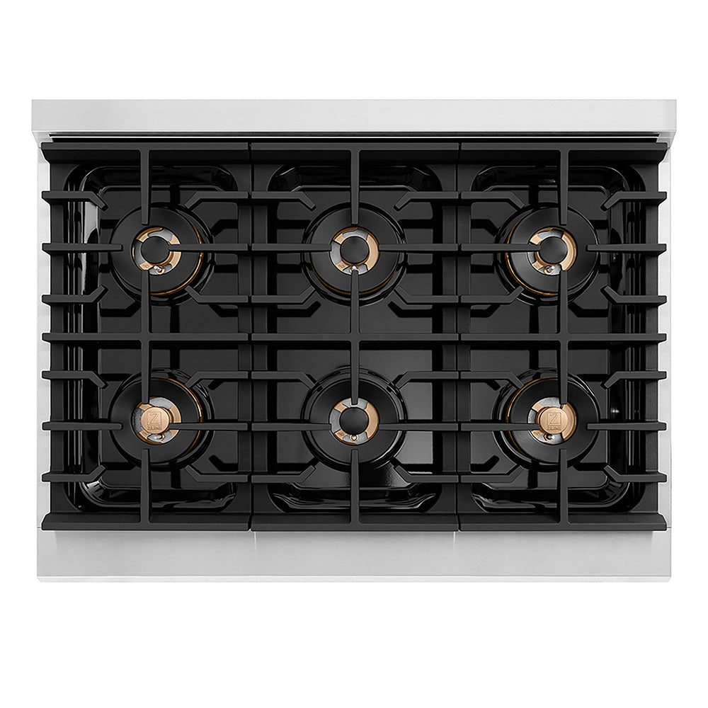 ZLINE Autograph Edition 36 in. 5.2 cu. ft. Paramount Dual Fuel Range with 6 Burner DuoPro™ Cooktop and Electric Convection Oven with White Matte Door and Champagne Bronze Accents, Open Box-Good Condition