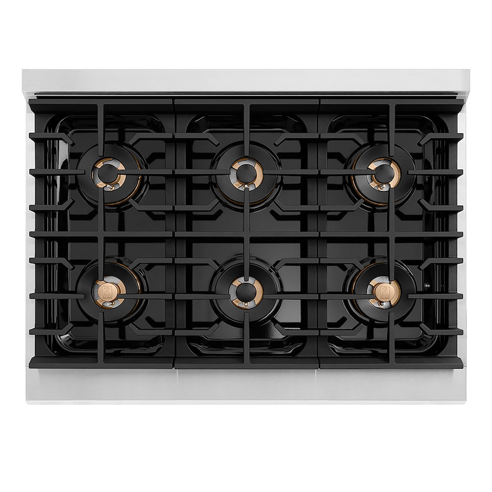 ZLINE Autograph Edition 36 in. 5.2 cu. ft. Paramount Dual Fuel Range with 6 Burner DuoPro™ Cooktop and Electric Convection Oven with White Matte Door and Champagne Bronze Accents (PSDRZ-WM-36-CB) top-down, above cooktop.
