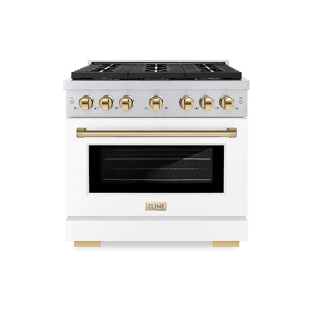 ZLINE Autograph Edition 36 in. 5.2 cu. ft. Paramount Dual Fuel Range with 6 Burner DuoPro™ Cooktop and Electric Convection Oven with White Matte Door and Polished Gold Accents (PSDRZ-WM-36-G) front, with DuoPro™ logo.