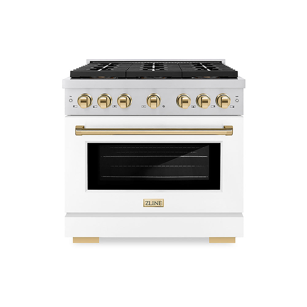 ZLINE Autograph Edition 36 in. 5.2 cu. ft. Paramount Dual Fuel Range with 6 Burner DuoPro™ Cooktop and Electric Convection Oven with White Matte Door and Polished Gold Accents, Open Box-Good Condition