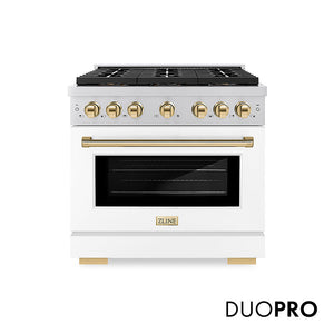 ZLINE Autograph Edition 36 in. 5.2 cu. ft. Paramount Dual Fuel Range with 6 Burner DuoPro™ Cooktop and Electric Convection Oven with White Matte Door and Polished Gold Accents, Open Box-Great Condition main image.