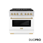 ZLINE Autograph Edition 36 in. 5.2 cu. ft. Paramount Dual Fuel Range with 6 Burner DuoPro™ Cooktop and Electric Convection Oven with White Matte Door and Polished Gold Accents, Open Box-Good Condition