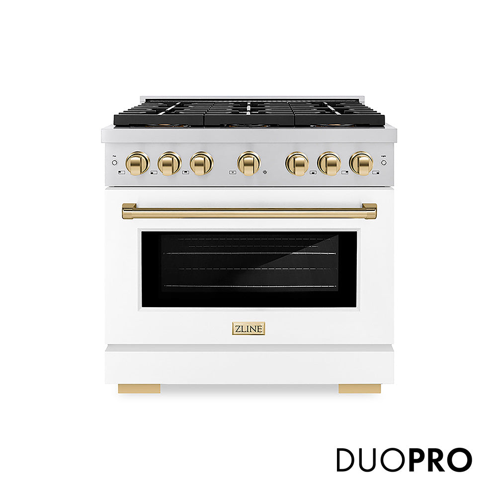 ZLINE Autograph Edition 36 in. 5.2 cu. ft. Paramount Dual Fuel Range with 6 Burner DuoPro™ Cooktop and Electric Convection Oven with White Matte Door and Polished Gold Accents, Open Box-Good Condition