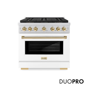 ZLINE Autograph Edition 36 in. 5.2 cu. ft. Paramount Dual Fuel Range with 6 Burner DuoPro™ Cooktop and Electric Convection Oven with White Matte Door and Polished Gold Accents, Open Box-Good Condition main image.