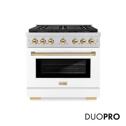 ZLINE Autograph Edition 36 in. 5.2 cu. ft. Paramount Dual Fuel Range with 6 Burner DuoPro™ Cooktop and Electric Convection Oven with White Matte Door and Polished Gold Accents, Open Box-Good Condition
