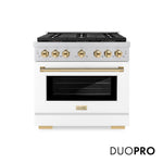 ZLINE Autograph Edition 36 in. 5.2 cu. ft. Paramount Dual Fuel Range with 6 Burner DuoPro™ Cooktop and Electric Convection Oven with White Matte Door and Polished Gold Accents (PSDRZ-WM-36-G) front.