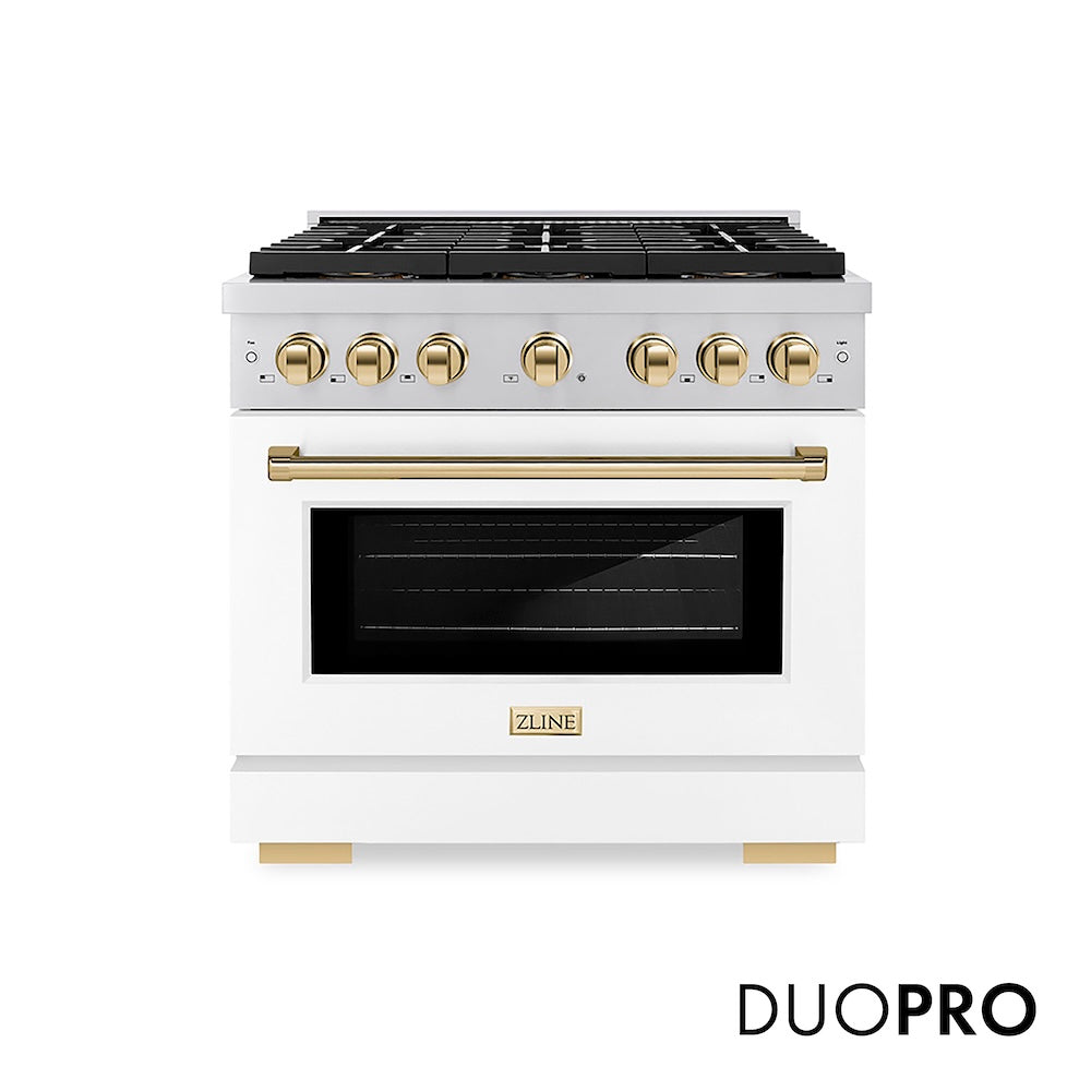 ZLINE Autograph Edition 36 in. 5.2 cu. ft. Paramount Dual Fuel Range with 6 Burner DuoPro™ Cooktop and Electric Convection Oven with White Matte Door and Polished Gold Accents (PSDRZ-WM-36-G) front.